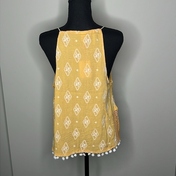 RAGA Anthropologie Embroidered Crochet Pom Tank Top in Yellow & White Size Large - Picture 8 of 9